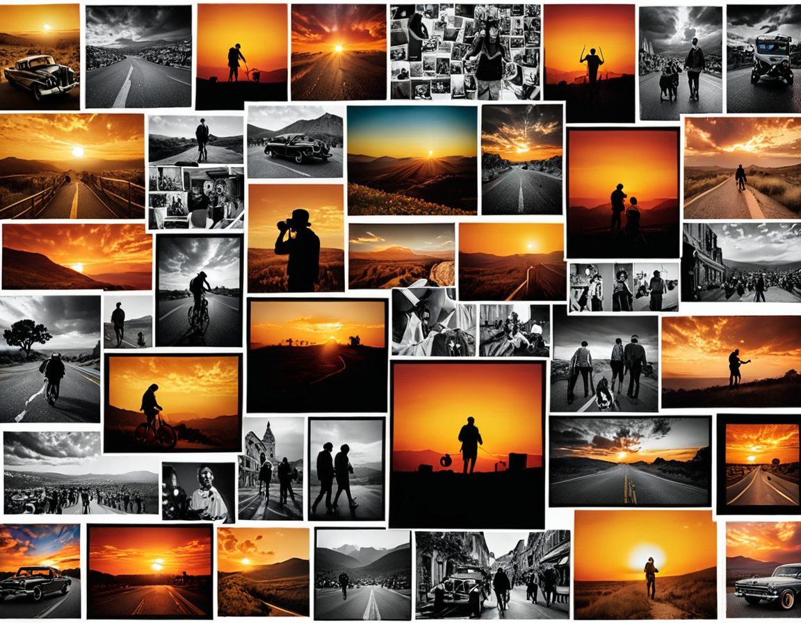 A captivating visual collage showcasing a variety of photography techniques, featuring stunning landscapes, vibrant portraits, and striking street photography. Include elements like a camera, a vibrant sunset, and a creatively arranged gallery wall to illustrate storytelling through images. The overall mood is inspiring and dynamic, inviting viewers into the world of photography. super-realistic. vibrant colors. artful composition.
