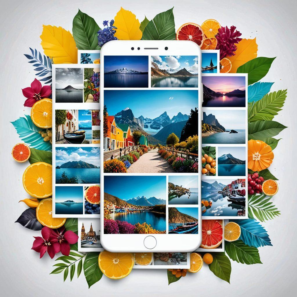 An enticing collage featuring vibrant and diverse photo collections displaying different themes like travel, food, nature, and portraits, creatively arranged in a smartphone screen outline. Each photo should pop with vivid colors, showcasing various styles and textures that make them stand out. Include a sleek background that hints at social media sharing, with a hint of artistic flair. super-realistic. vibrant colors. white background.