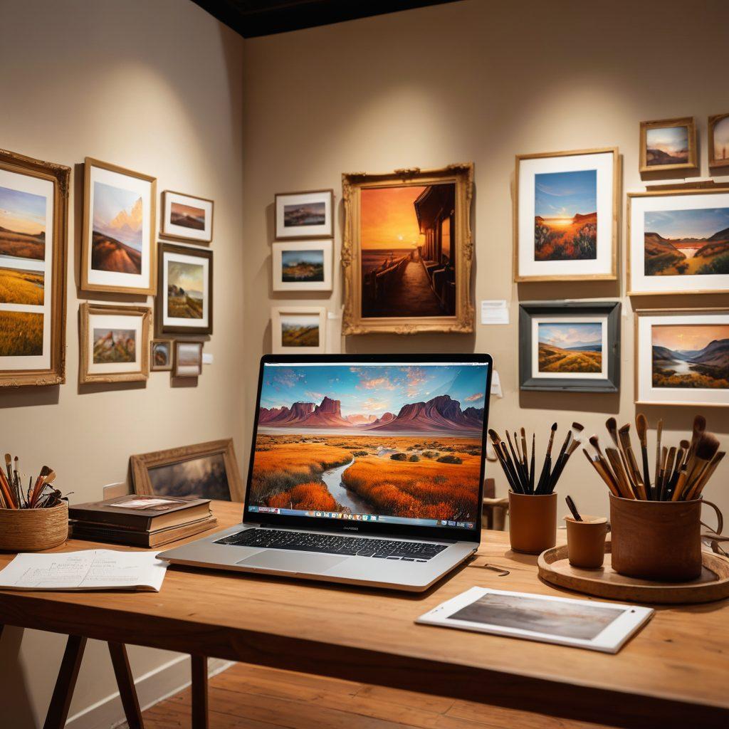 A beautiful photography gallery showcasing a diverse collection of captivating images. Soft, warm lighting illuminates the frames, while a curious viewer examines a large, striking landscape photograph. Include an artist's workspace in the corner with a camera, editing software open on a laptop, and brushes scattered about, evoking creativity in action. Emphasize the contrast between vibrant artwork and the serene environment of the gallery. super-realistic. warm colors. 3D.